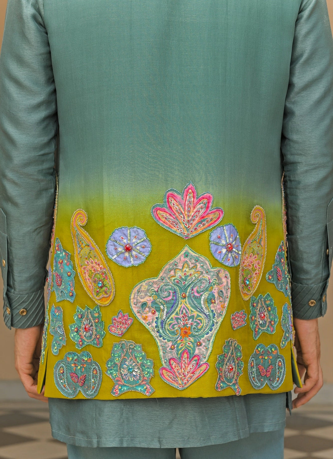 Rama Green Silk Kurta Set with Shaded Nehru Jacket Juhi Bengani - Men - Fabilicious Fashion