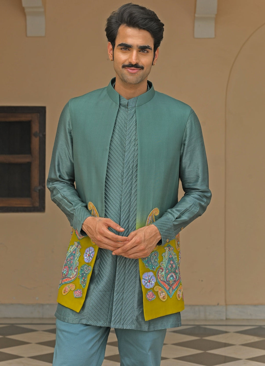Rama Green Silk Kurta Set with Shaded Nehru Jacket Juhi Bengani - Men - Fabilicious Fashion