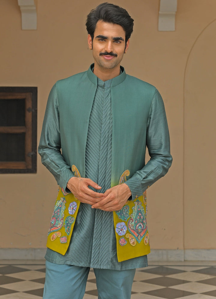 Rama Green Silk Kurta Set with Shaded Nehru Jacket Juhi Bengani - Men - Fabilicious Fashion