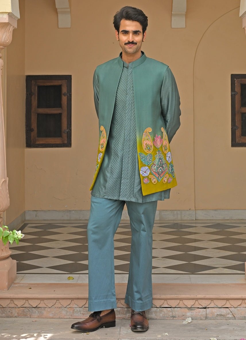 Rama Green Silk Kurta Set with Shaded Nehru Jacket Juhi Bengani - Men - Fabilicious Fashion