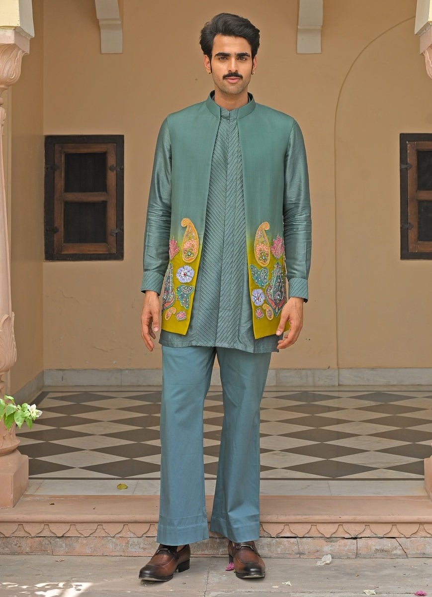 Rama Green Silk Kurta Set with Shaded Nehru Jacket Juhi Bengani - Men - Fabilicious Fashion