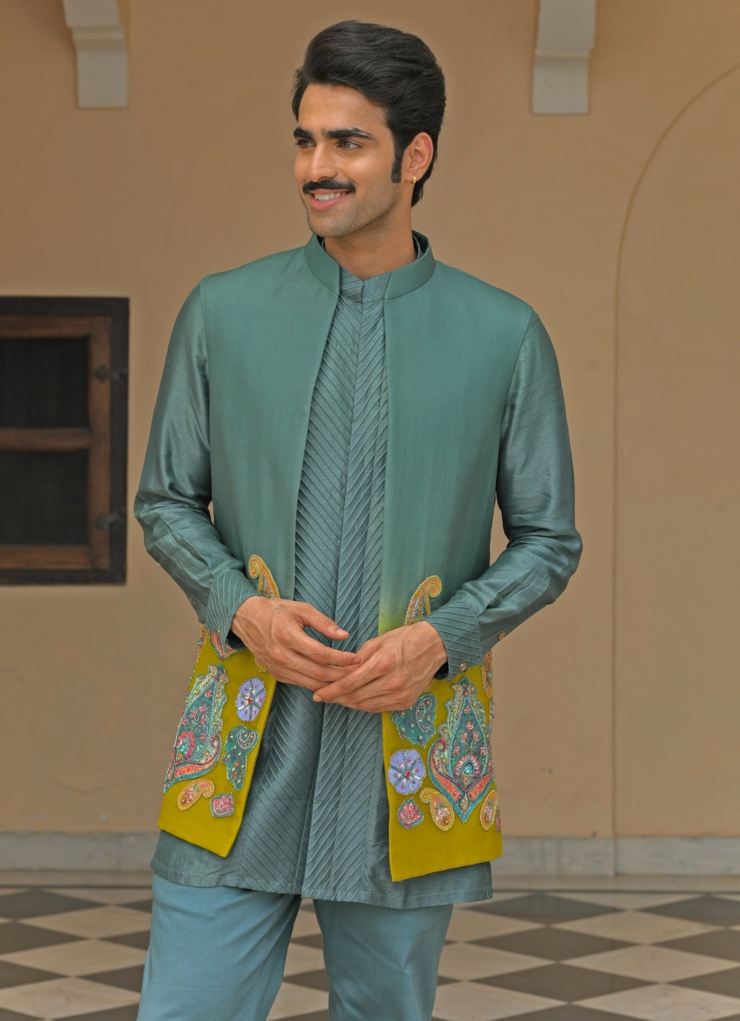 Rama Green Silk Kurta Set with Shaded Nehru Jacket Juhi Bengani - Men - Fabilicious Fashion