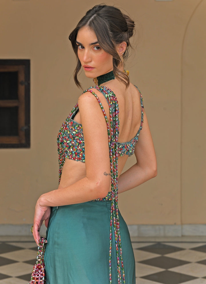 Juhi Bengani Rama Green Silk Satin Pre - Draped Saree With CorsetFabilicious Fashion