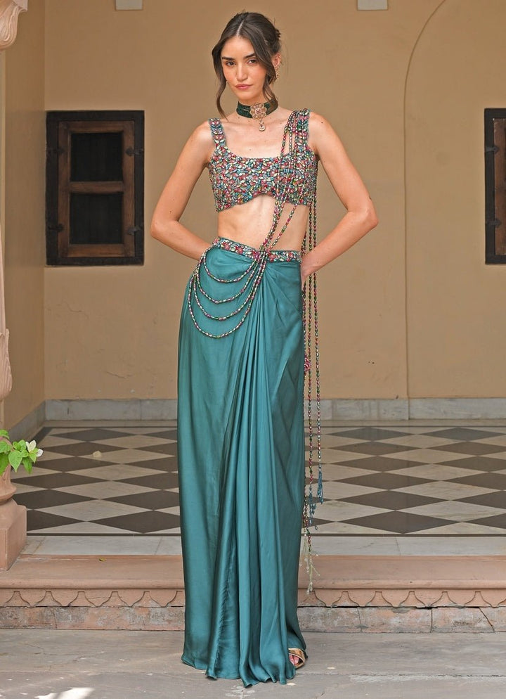Juhi Bengani Rama Green Silk Satin Pre - Draped Saree With CorsetFabilicious Fashion