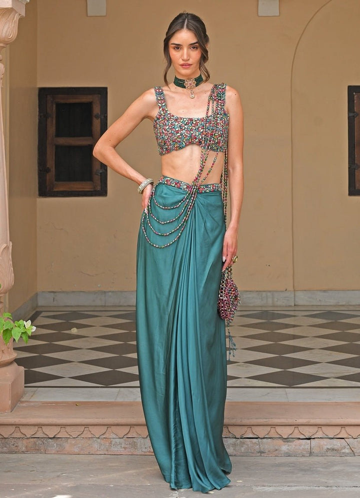 Juhi Bengani Rama Green Silk Satin Pre - Draped Saree With CorsetFabilicious Fashion
