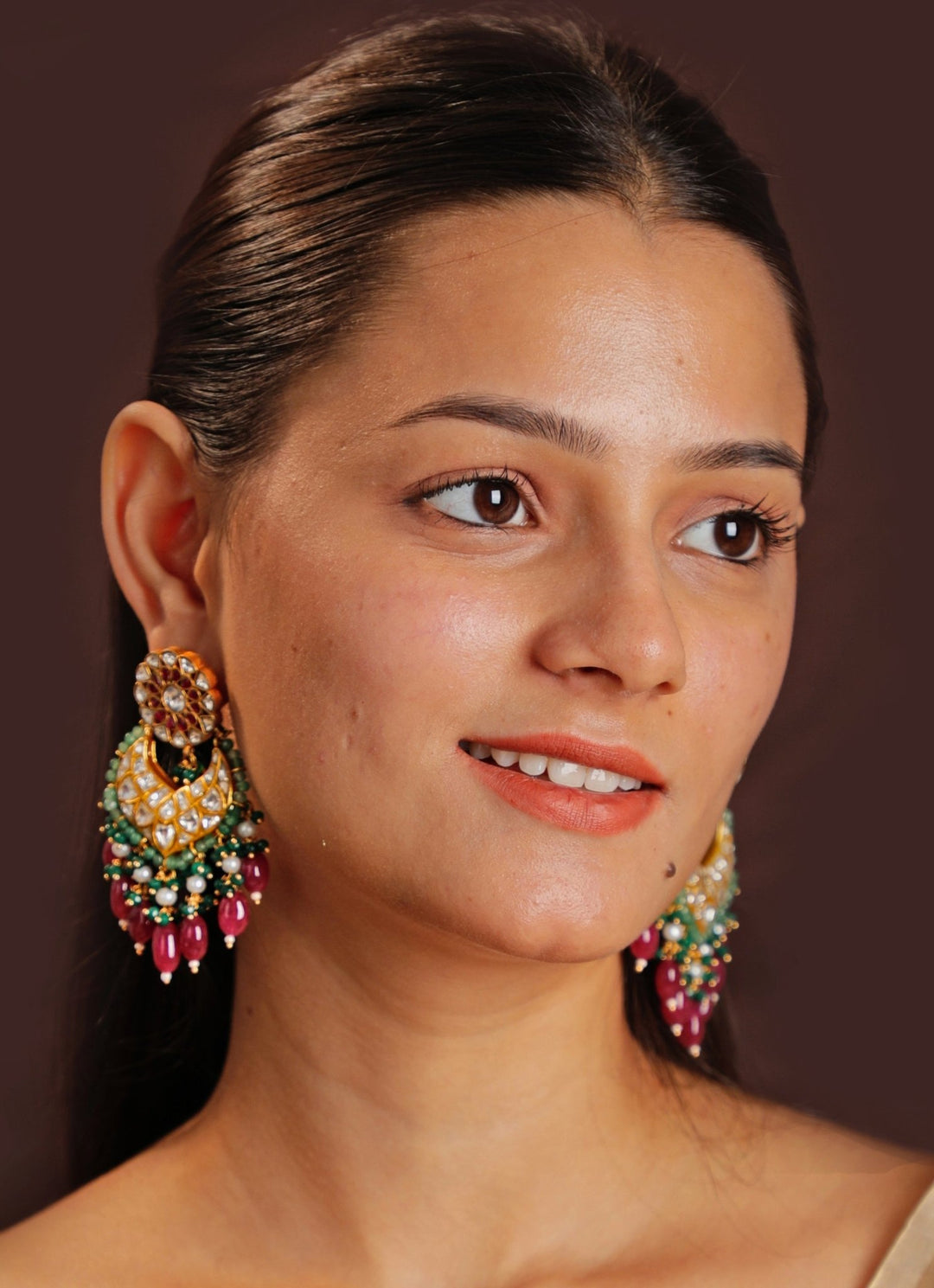 Rani Pink And Green Beaded Chandbali Earrings Kalyani Indian Jewelry - Fabilicious Fashion