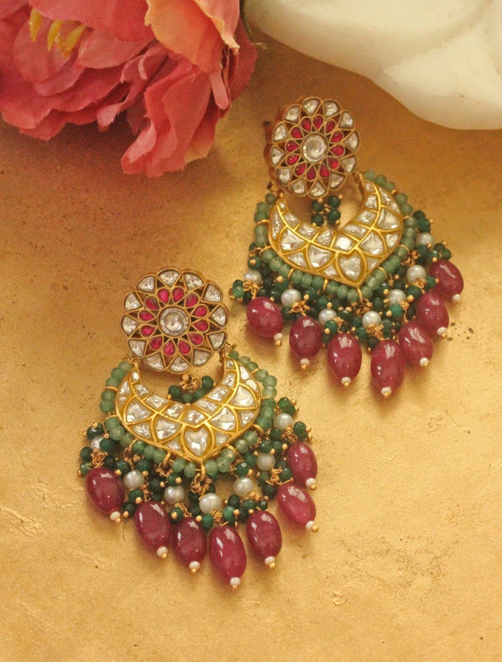 Rani Pink And Green Beaded Chandbali Earrings Kalyani Indian Jewelry - Fabilicious Fashion
