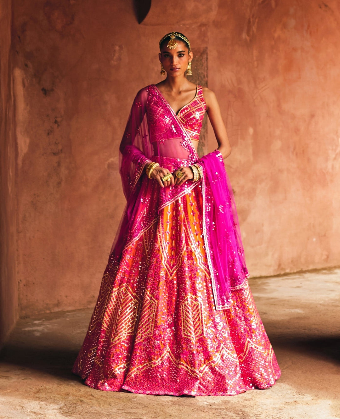 Rani Pink And Rust Red Raw Silk Lehenga Set Angad Singh - Fabilicious Fashion