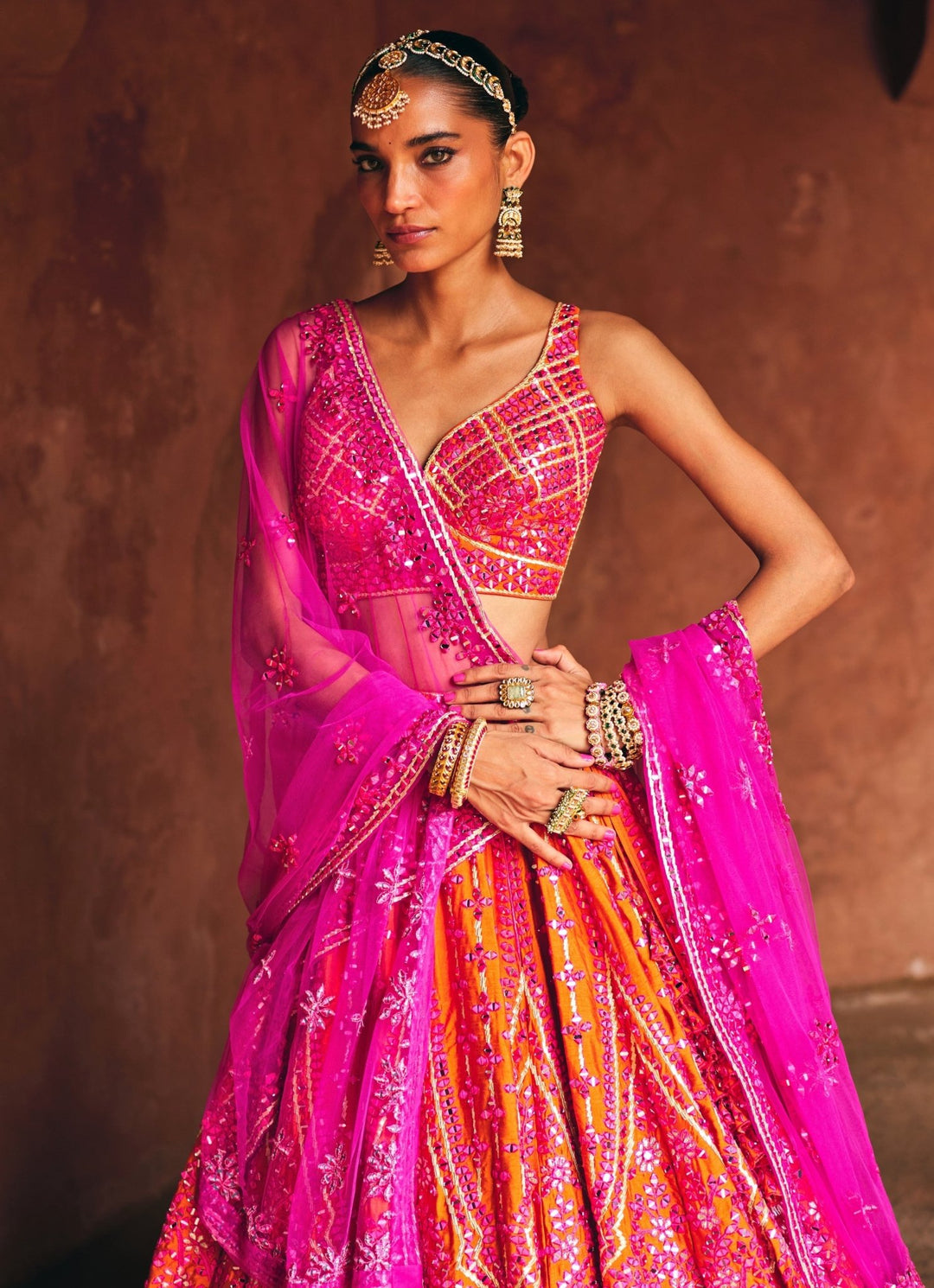Rani Pink And Rust Red Raw Silk Lehenga Set Angad Singh - Fabilicious Fashion