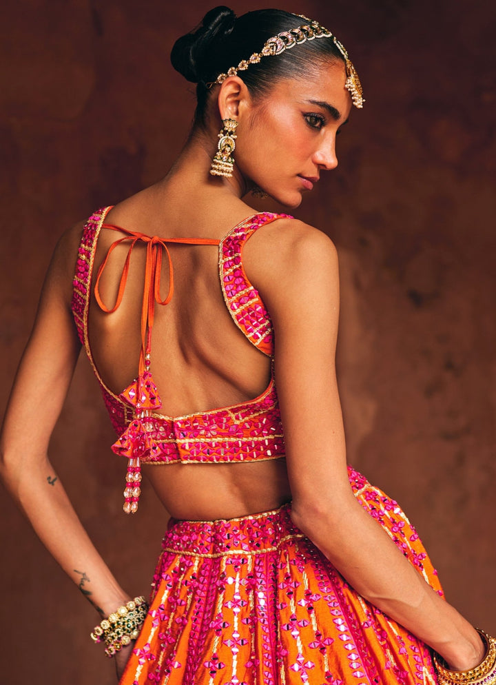 Rani Pink And Rust Red Raw Silk Lehenga Set Angad Singh - Fabilicious Fashion