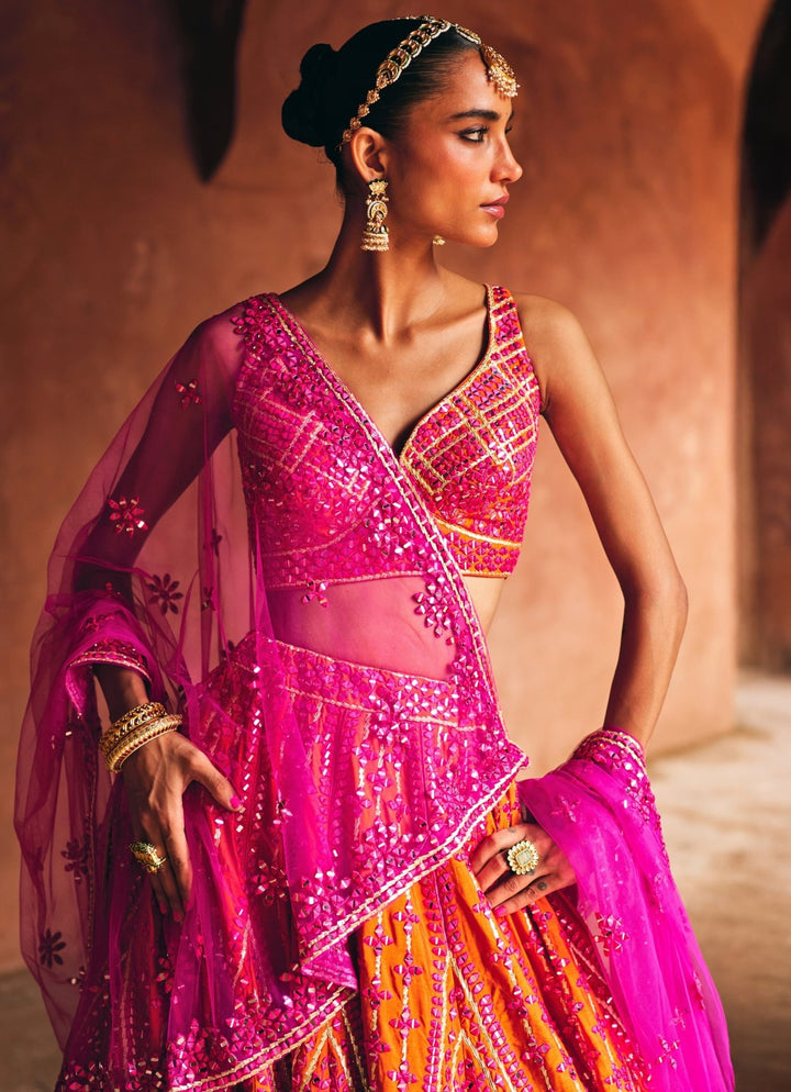 Rani Pink And Rust Red Raw Silk Lehenga Set Angad Singh - Fabilicious Fashion