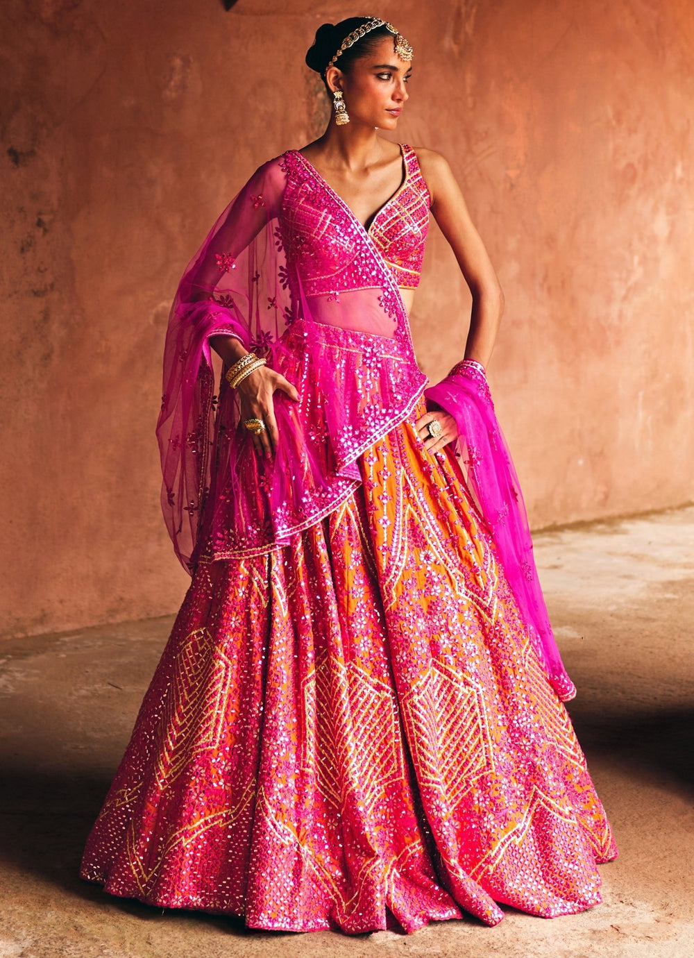 Rani Pink And Rust Red Raw Silk Lehenga Set Angad Singh - Fabilicious Fashion