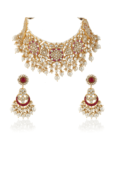Rani Pink And White Pearl Choker Necklace Set Riana by Shikha Jindal - Fabilicious Fashion
