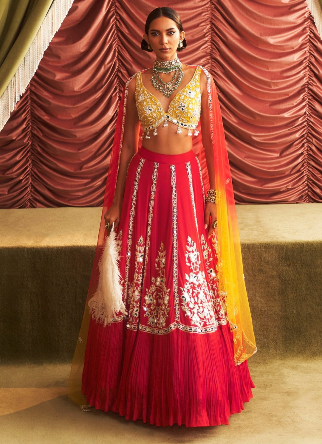 Rani Pink And Yellow Embroidered Lehenga Set Seema Thukral - Fabilicious Fashion