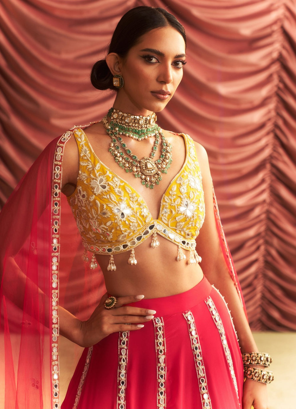 Rani Pink And Yellow Embroidered Lehenga Set Seema Thukral - Fabilicious Fashion