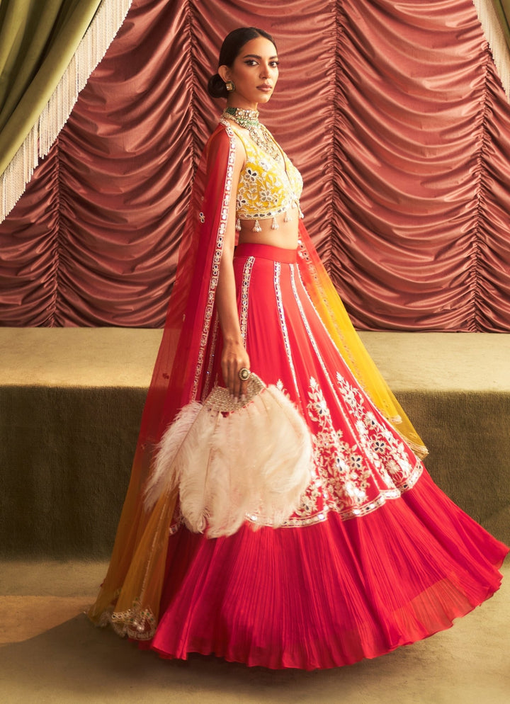 Rani Pink And Yellow Embroidered Lehenga Set Seema Thukral - Fabilicious Fashion