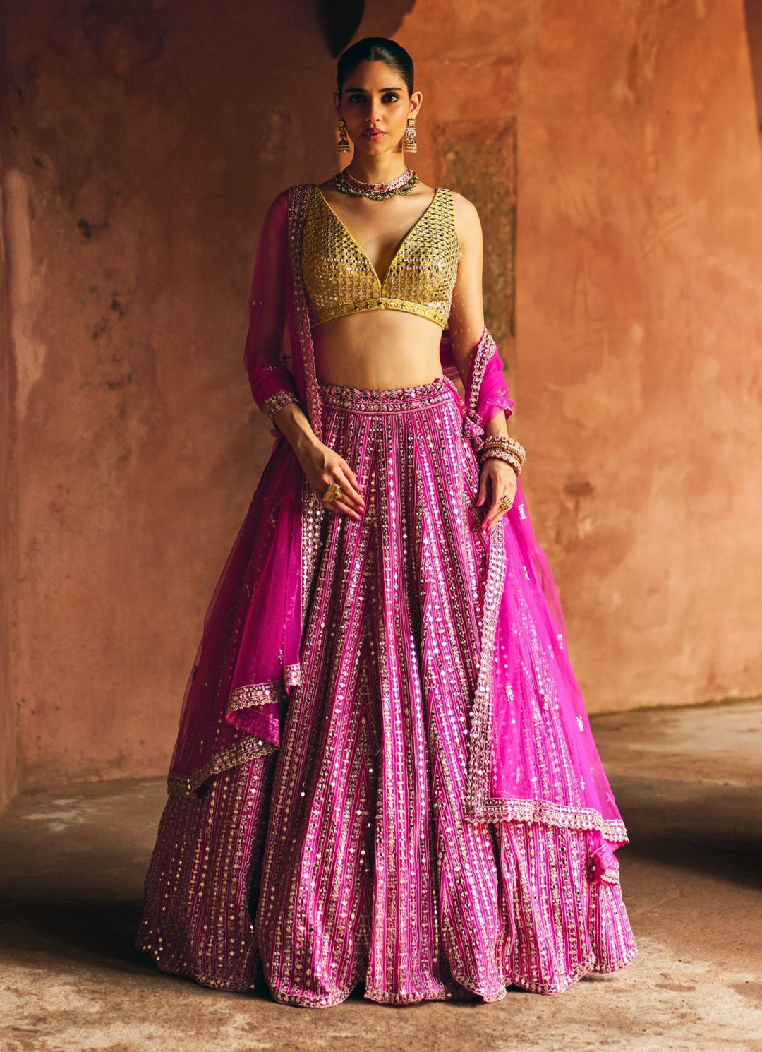 Rani Pink And Yellow Raw Silk Lehenga Set Angad Singh - Fabilicious Fashion