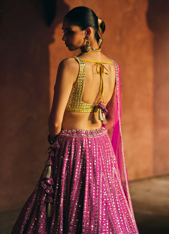 Rani Pink And Yellow Raw Silk Lehenga Set Angad Singh - Fabilicious Fashion