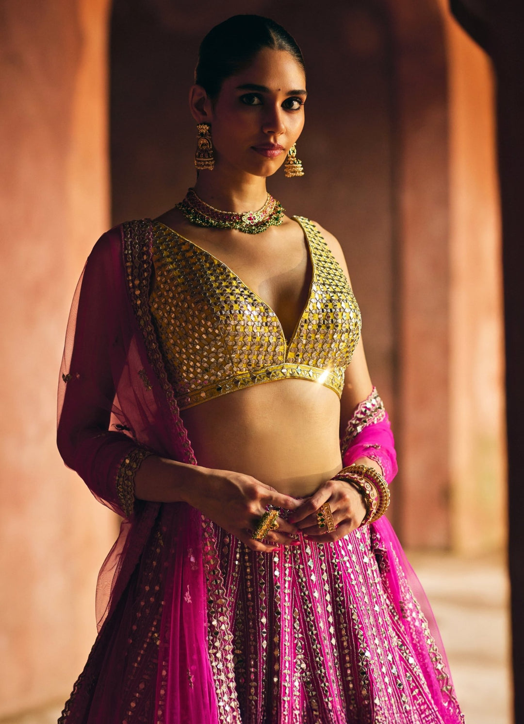 Rani Pink And Yellow Raw Silk Lehenga Set Angad Singh - Fabilicious Fashion