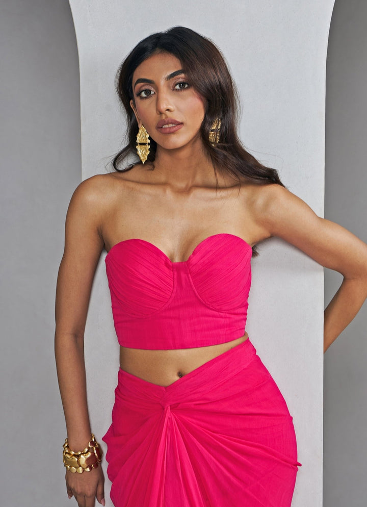 Rani Pink Bustier With Slit Knotted Skirt Set Ankita Bajaj Label - Fabilicious Fashion