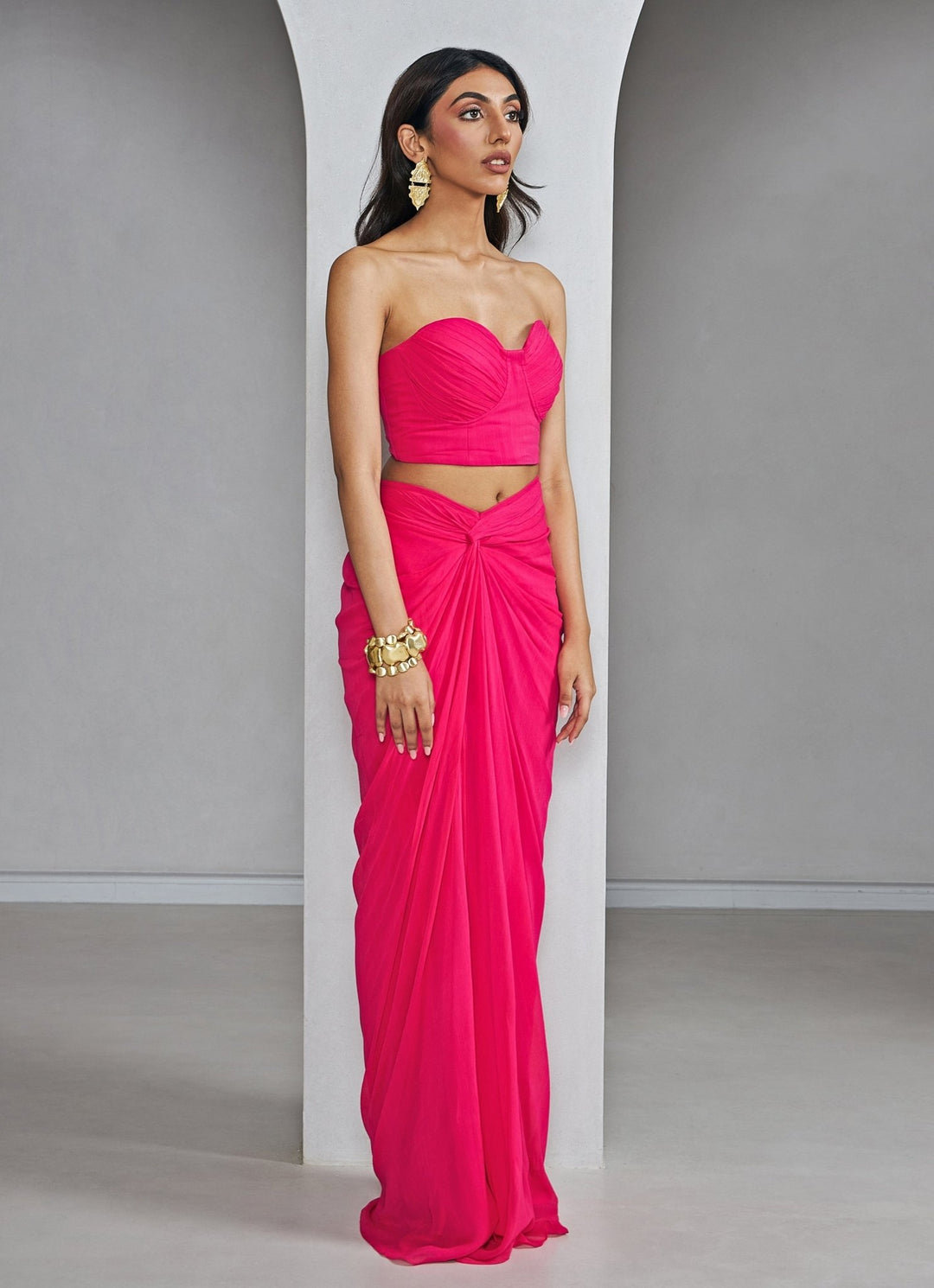 Rani Pink Bustier With Slit Knotted Skirt Set Ankita Bajaj Label - Fabilicious Fashion