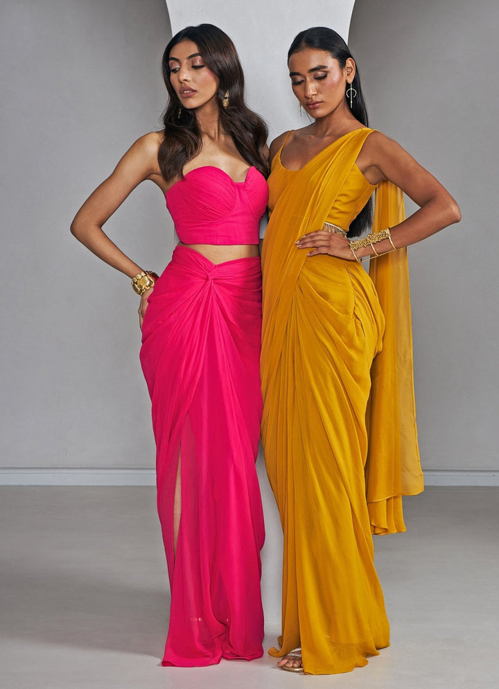 Rani Pink Bustier With Slit Knotted Skirt Set Ankita Bajaj Label - Fabilicious Fashion
