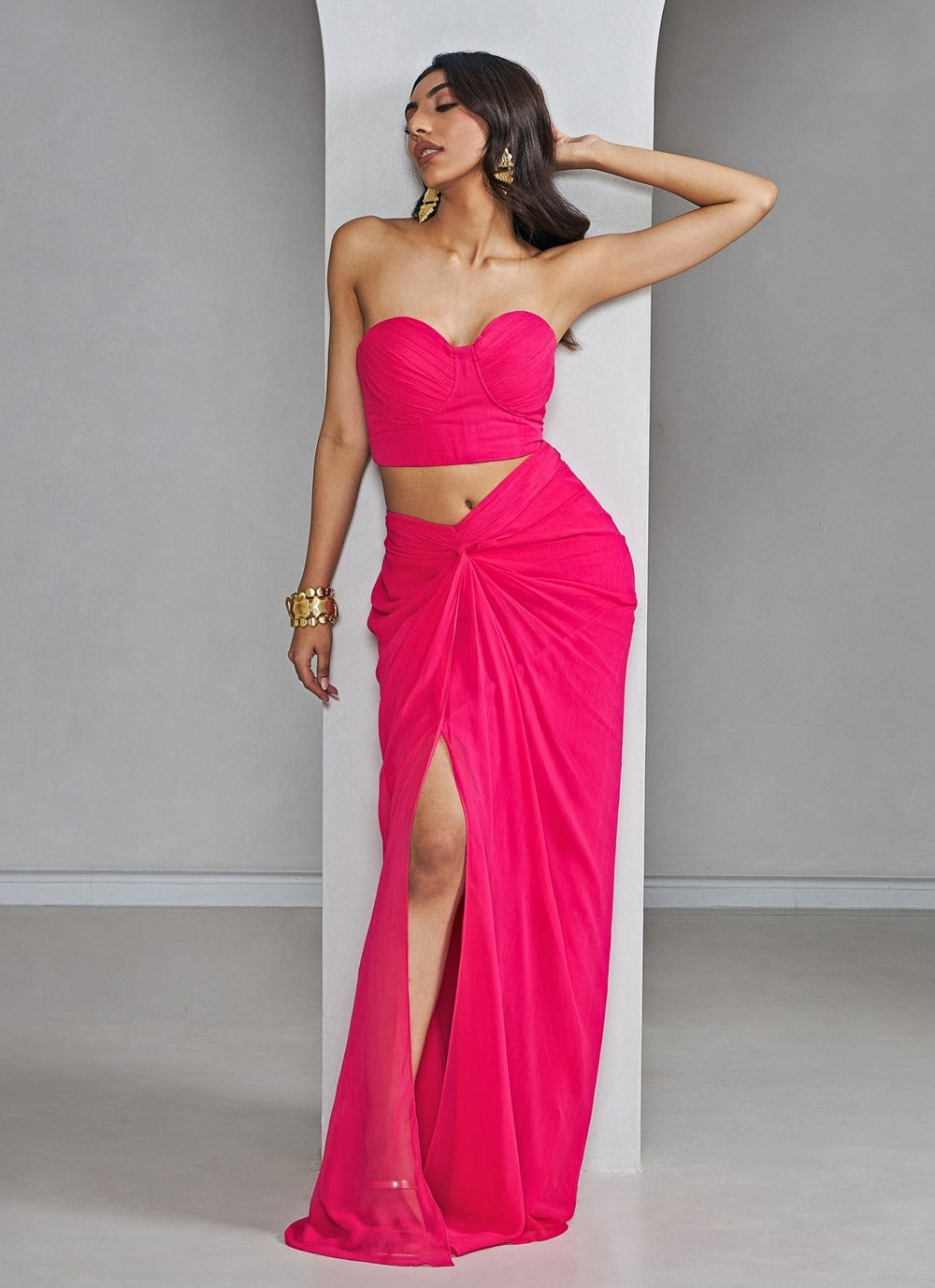 Rani Pink Bustier With Slit Knotted Skirt Set Ankita Bajaj Label - Fabilicious Fashion