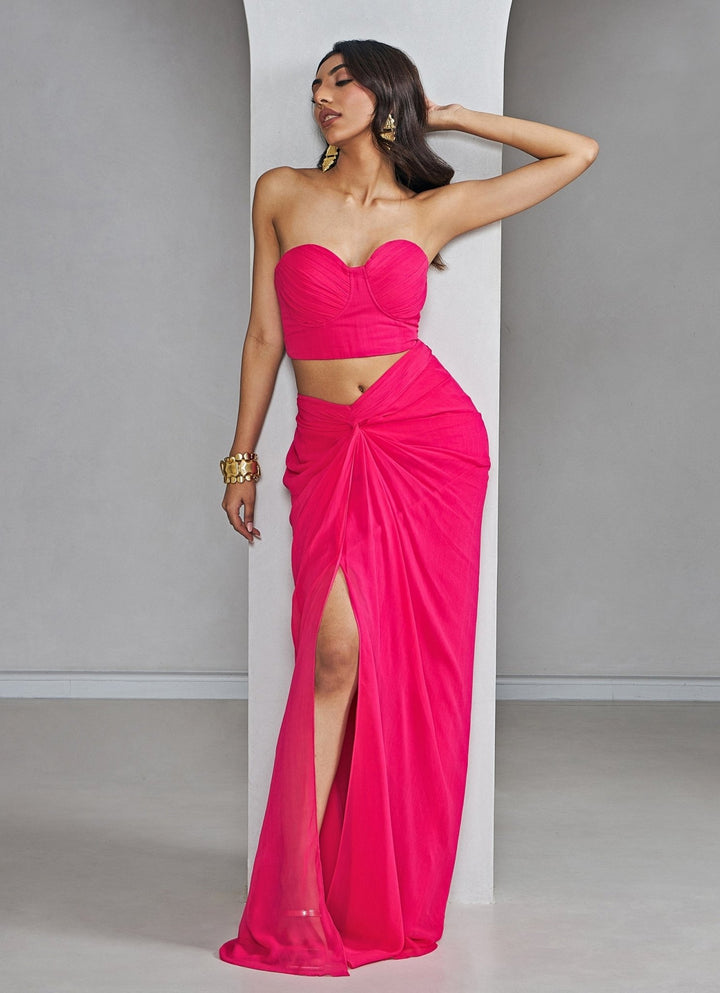 Rani Pink Bustier With Slit Knotted Skirt Set Ankita Bajaj Label - Fabilicious Fashion