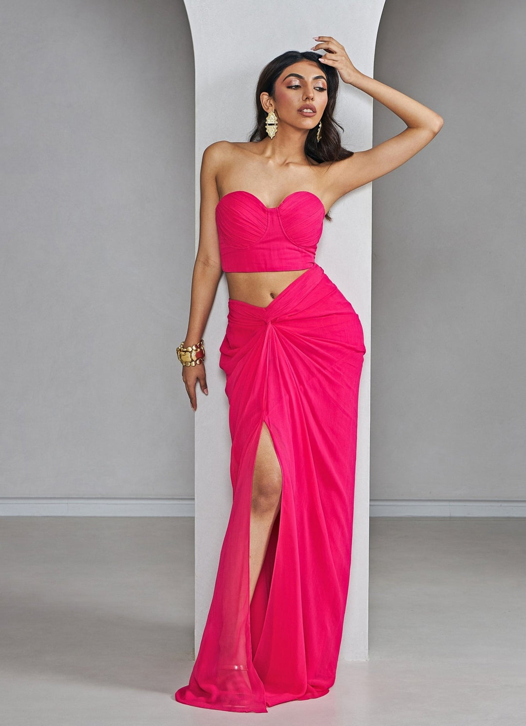 Rani Pink Bustier With Slit Knotted Skirt Set Ankita Bajaj Label - Fabilicious Fashion
