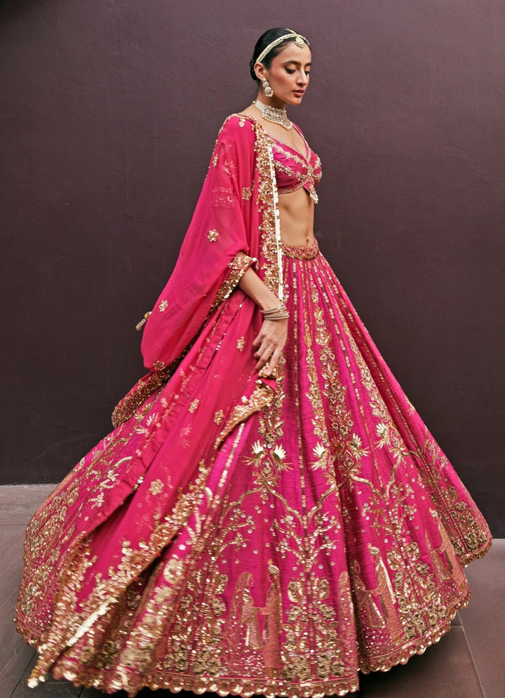 Rani Pink Embroidered Bridal Silk Lehenga Prevasu - Fabilicious Fashion