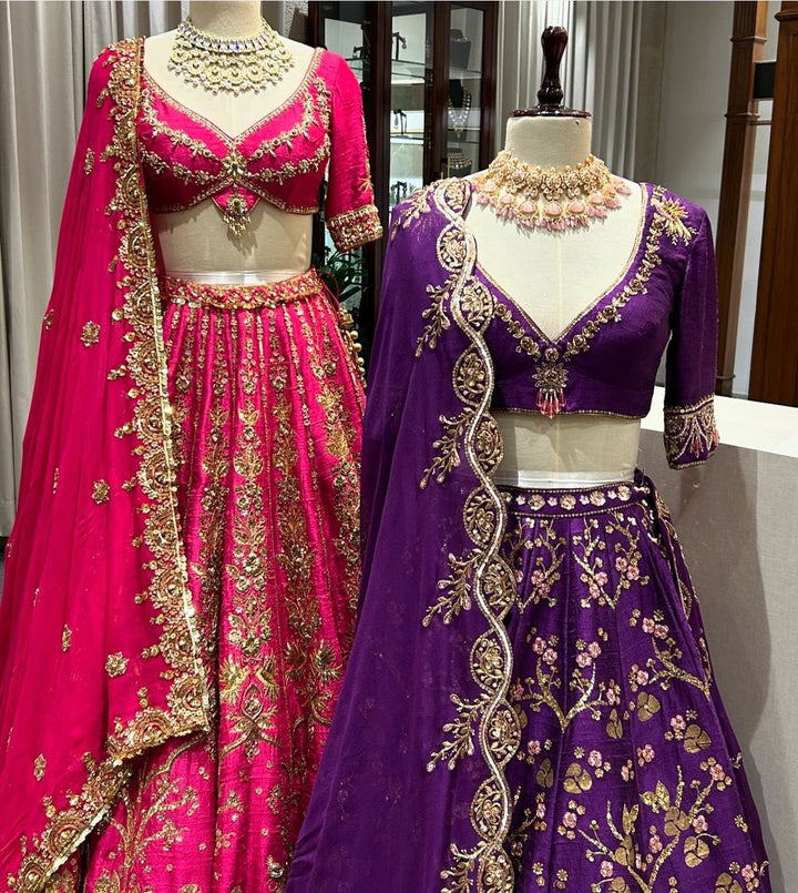 Rani Pink Embroidered Bridal Silk Lehenga Prevasu - Fabilicious Fashion