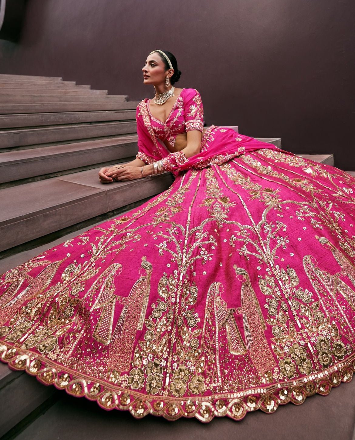 Prevasu Rani Pink Embroidered Bridal Silk Lehenga XXL Prevasu Rani Pink Embroidered Bridal Silk Lehenga XXL
