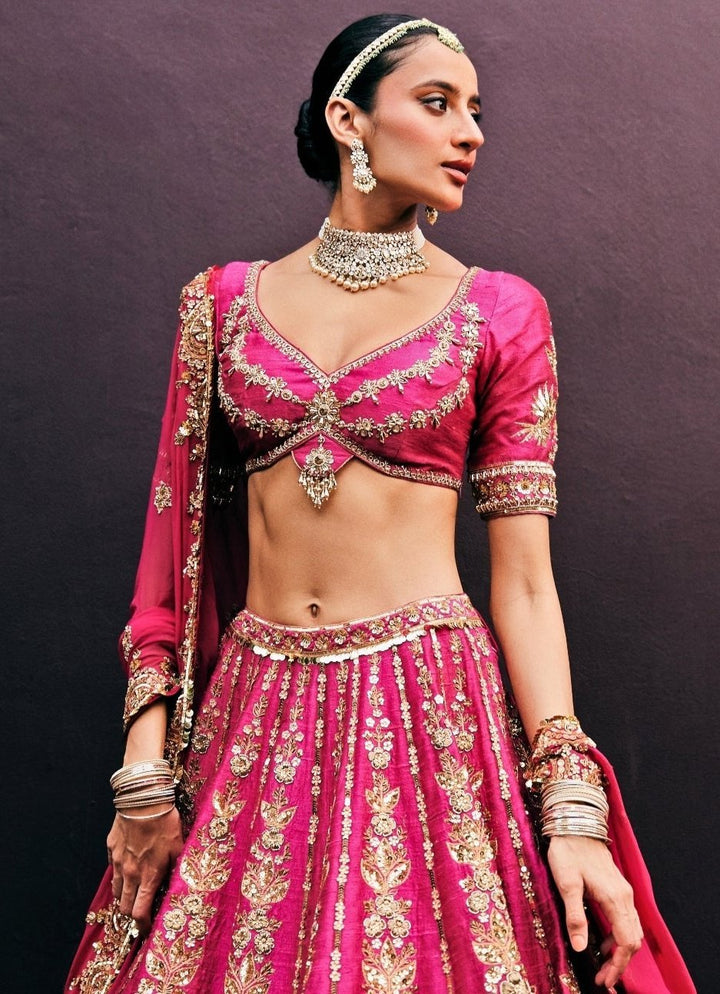 Rani Pink Embroidered Bridal Silk Lehenga Prevasu - Fabilicious Fashion