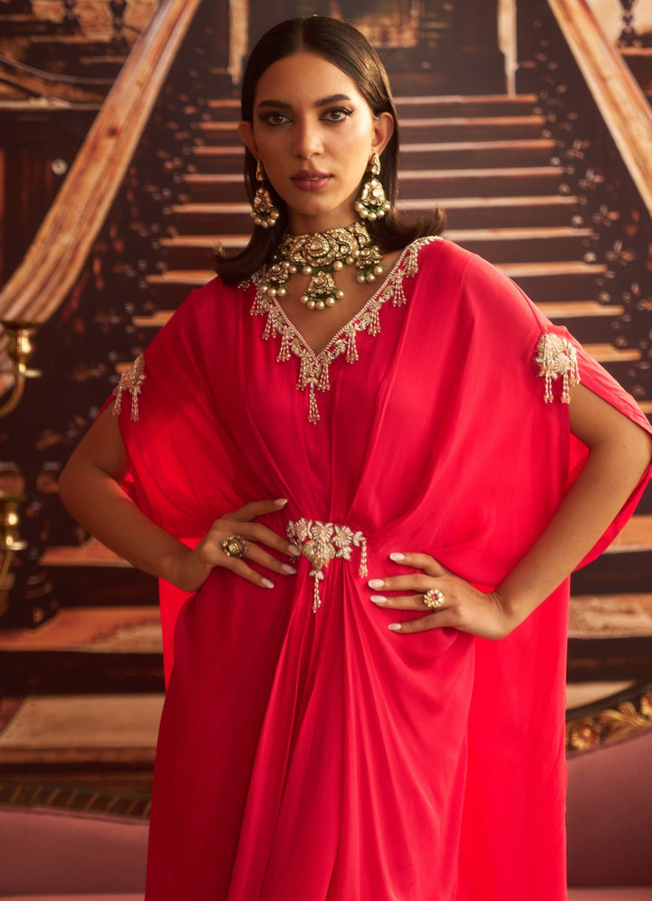 Rani Pink Embroidered Chiffon Kaftan Seema Thukral - Fabilicious Fashion