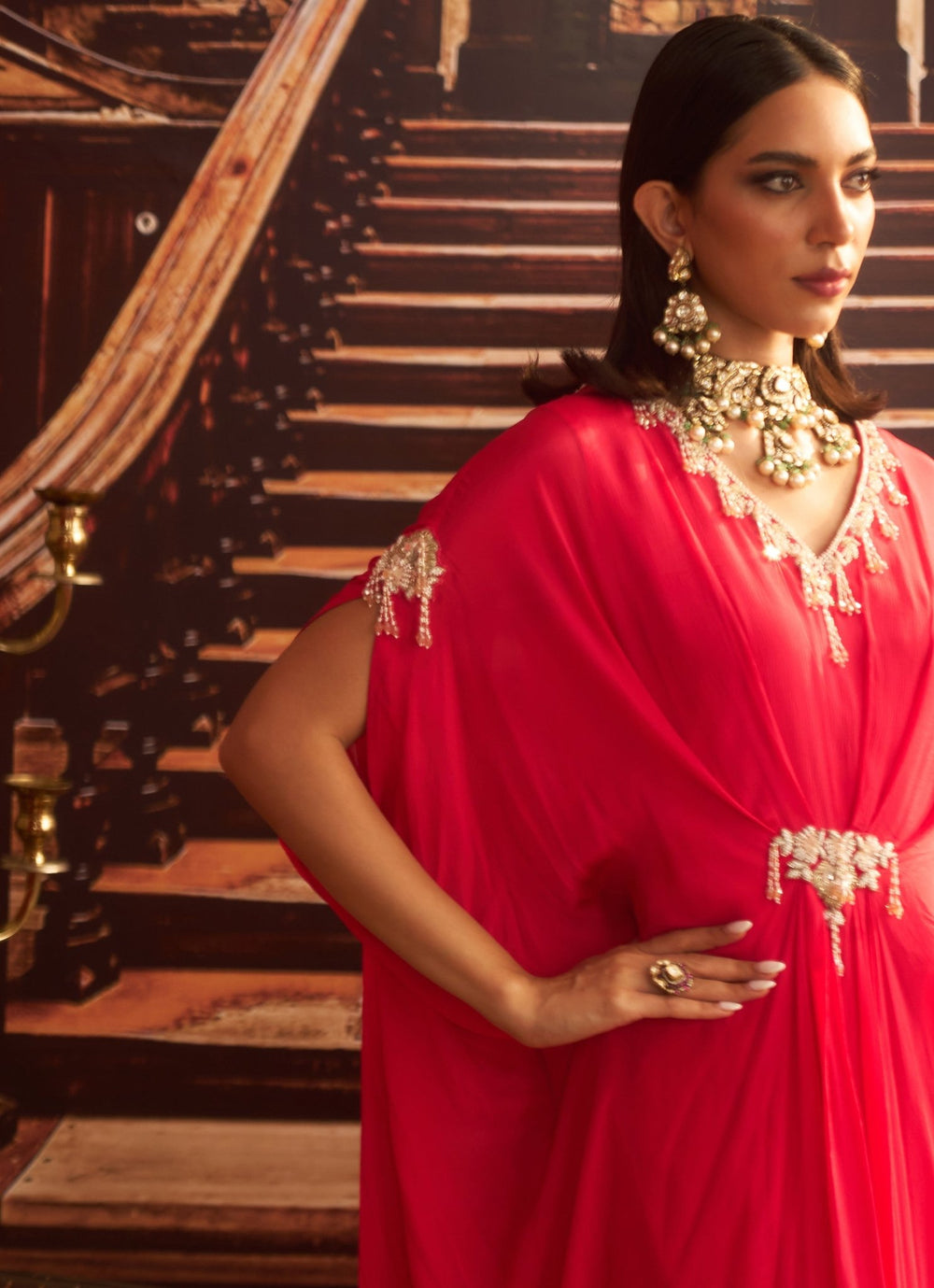 Rani Pink Embroidered Chiffon Kaftan Seema Thukral - Fabilicious Fashion