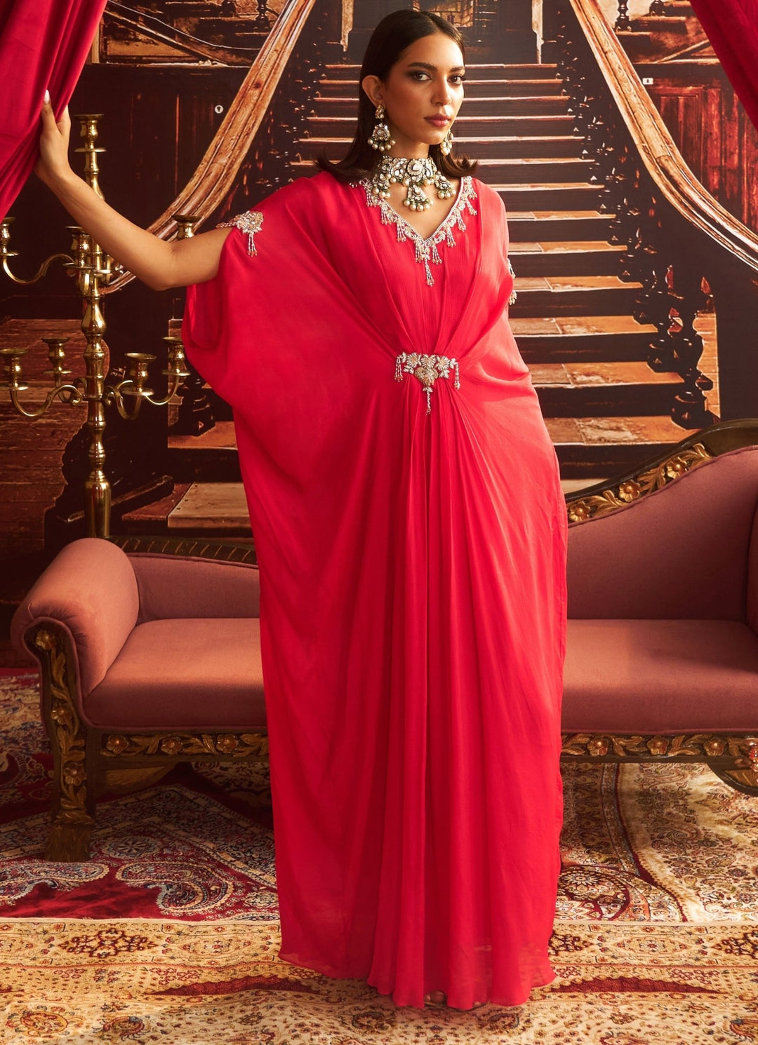 Rani Pink Embroidered Chiffon Kaftan Seema Thukral - Fabilicious Fashion