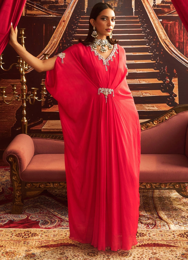 Rani Pink Embroidered Chiffon Kaftan Seema Thukral - Fabilicious Fashion