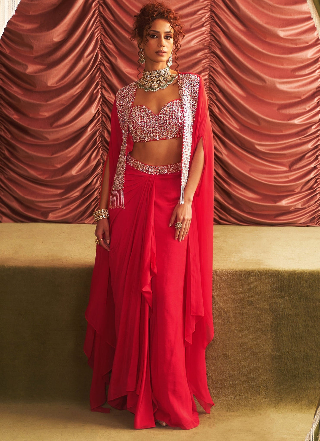 Rani Pink Embroidered Drape Skirt And Cape Set Seema Thukral - Fabilicious Fashion