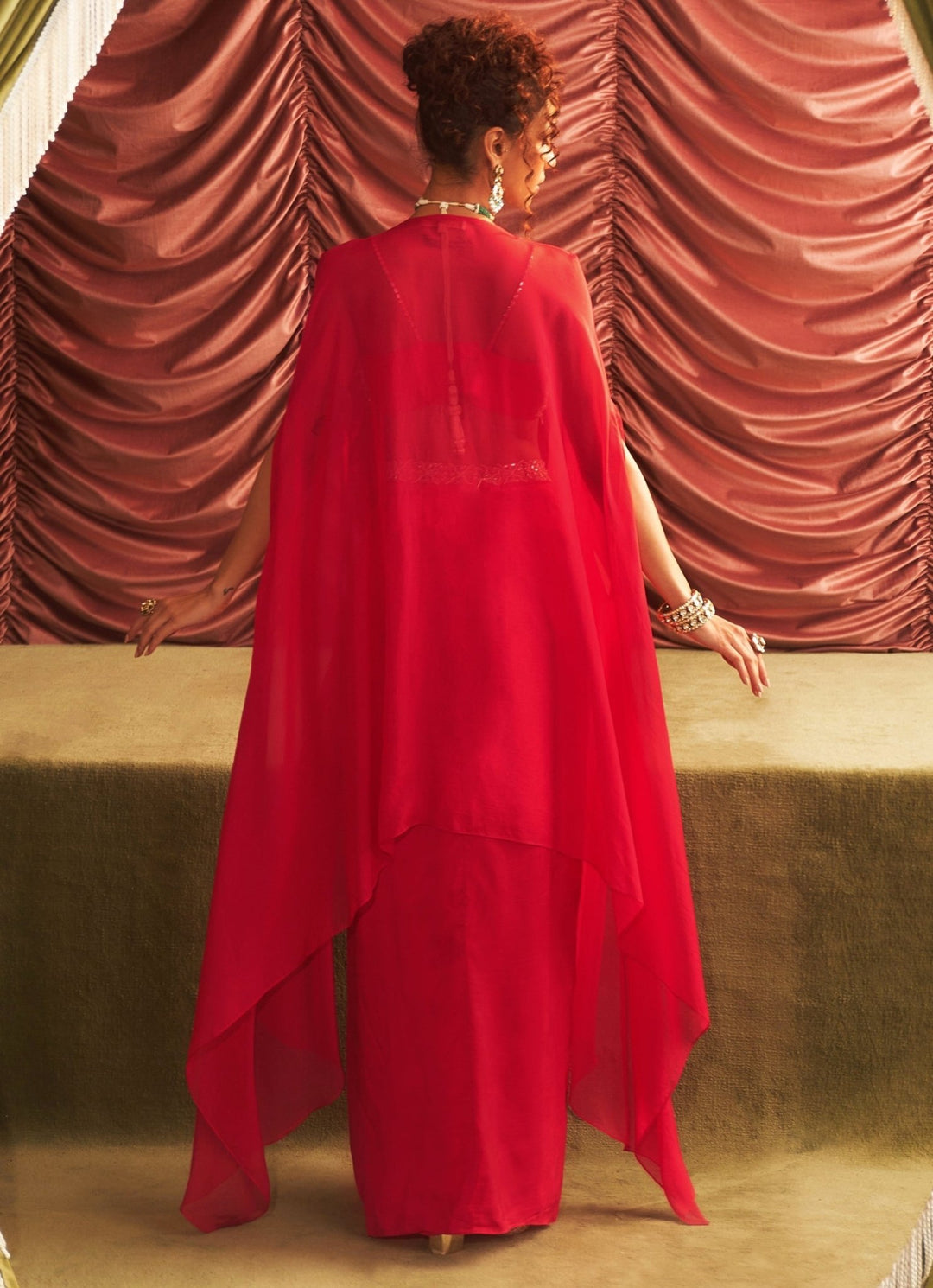 Rani Pink Embroidered Drape Skirt And Cape Set Seema Thukral - Fabilicious Fashion