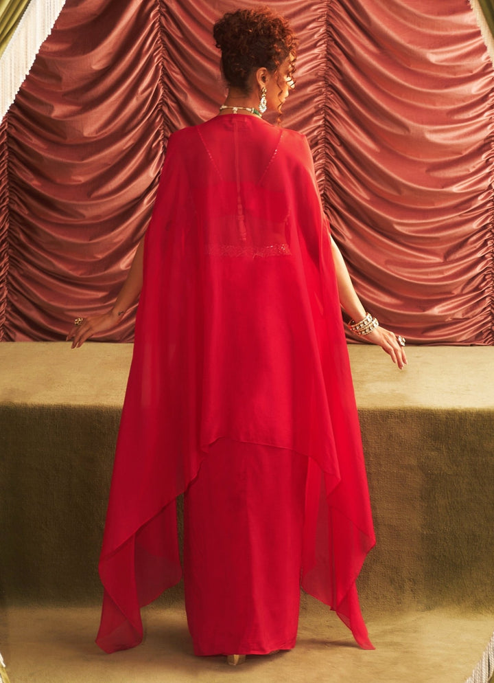 Rani Pink Embroidered Drape Skirt And Cape Set Seema Thukral - Fabilicious Fashion