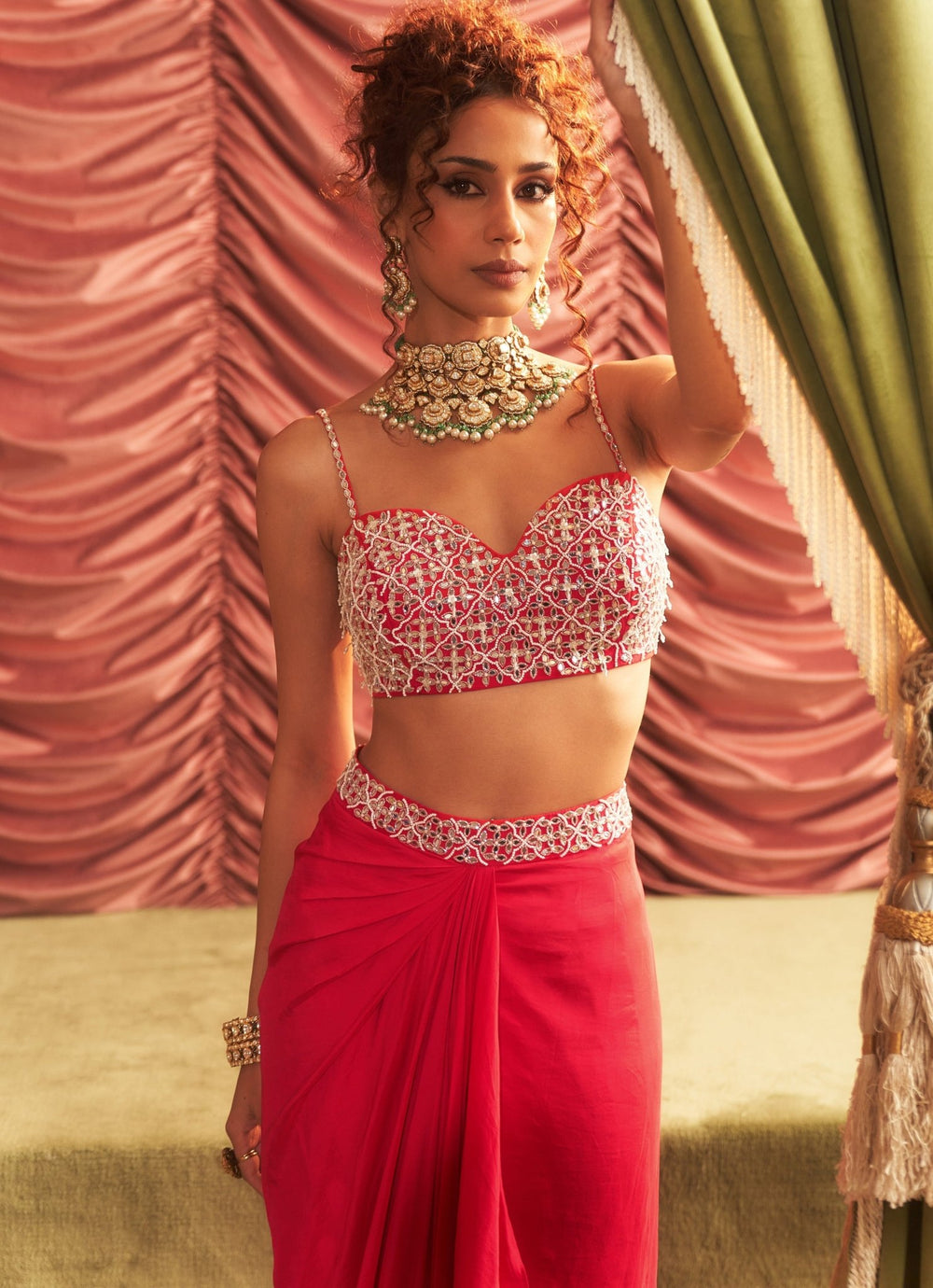 Rani Pink Embroidered Drape Skirt And Cape Set Seema Thukral - Fabilicious Fashion