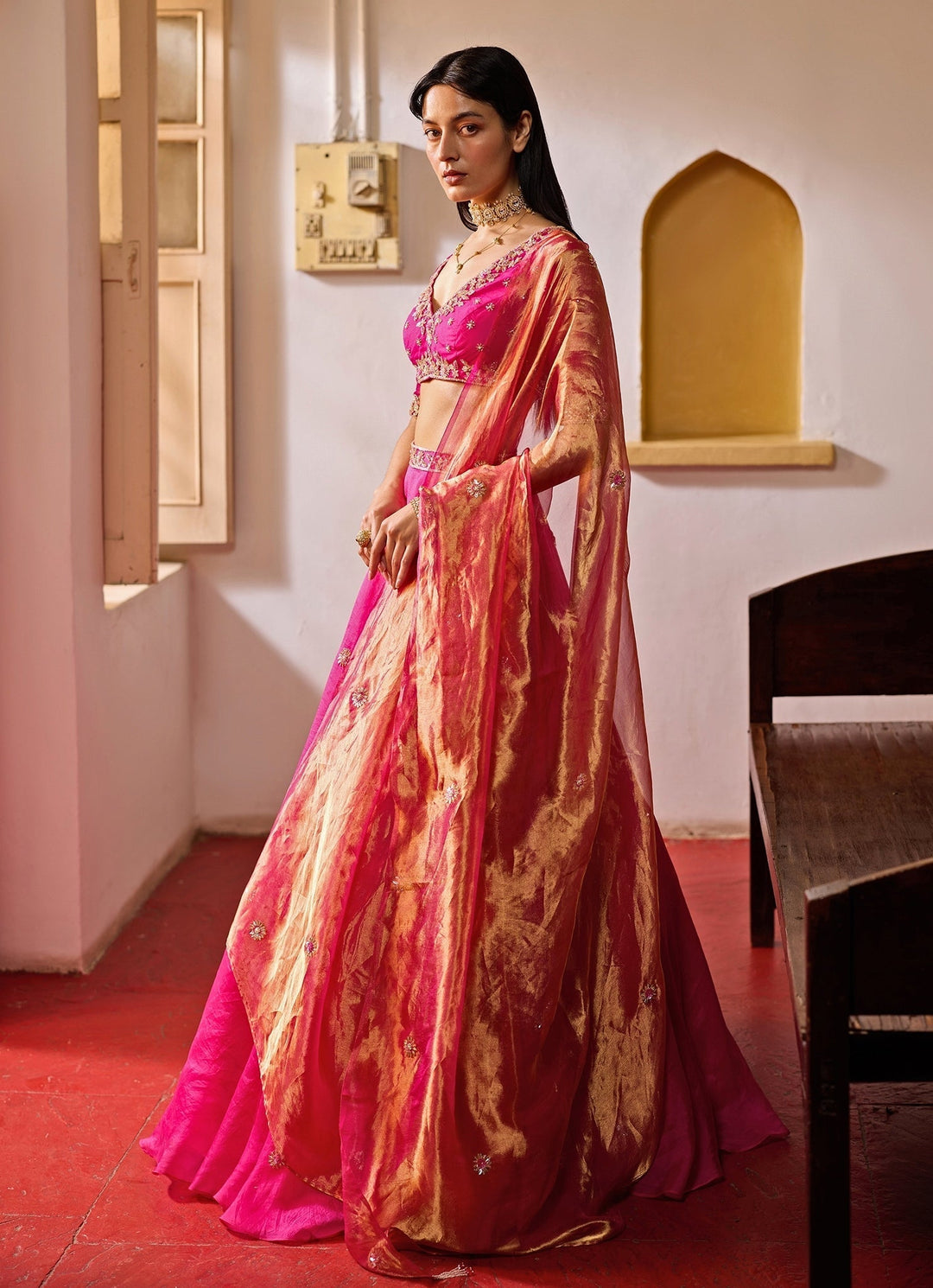 Rani Pink Embroidered Organza Lehenga Set Zoon Tribe - Fabilicious Fashion