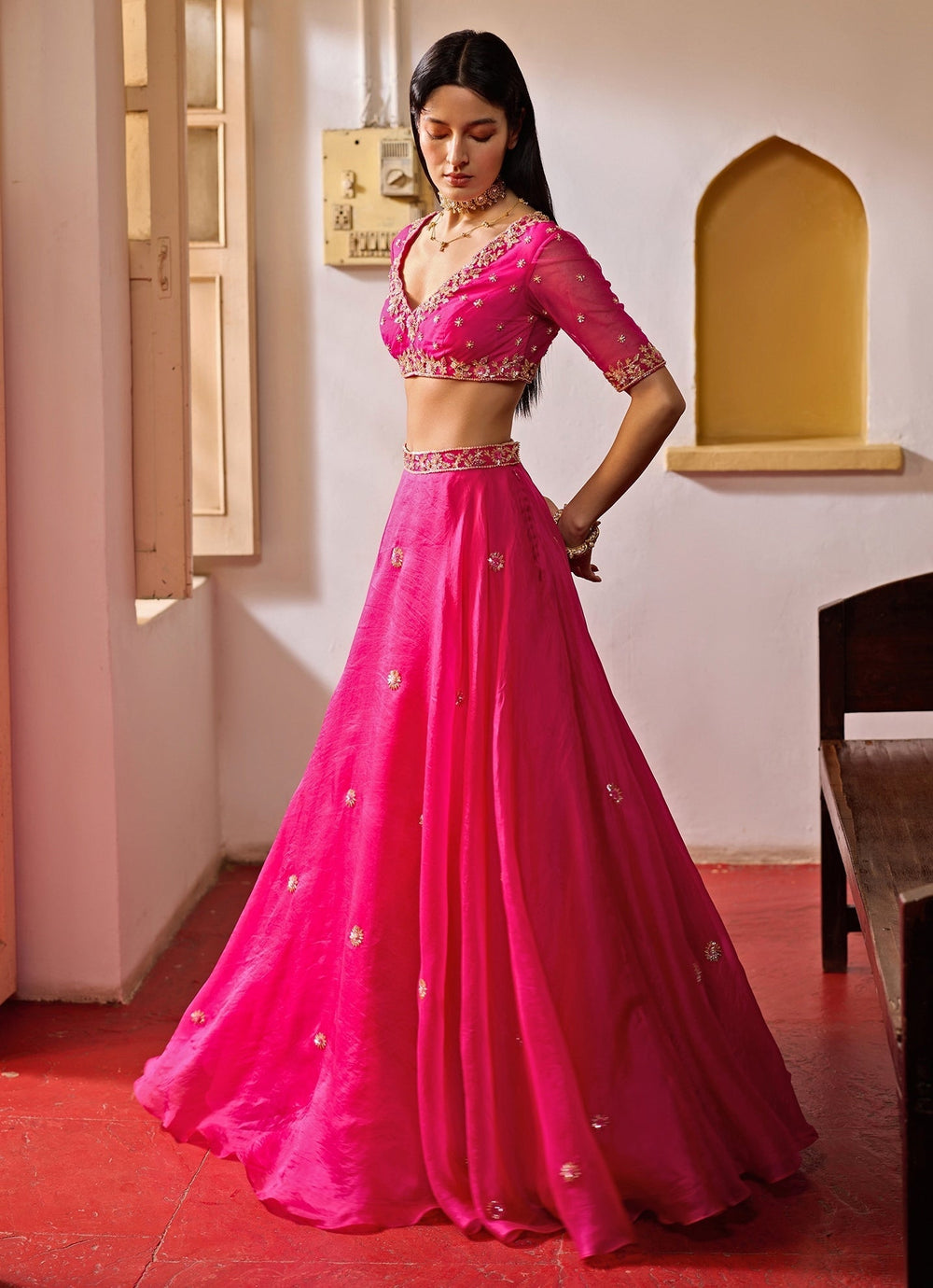Rani Pink Embroidered Organza Lehenga Set Zoon Tribe - Fabilicious Fashion