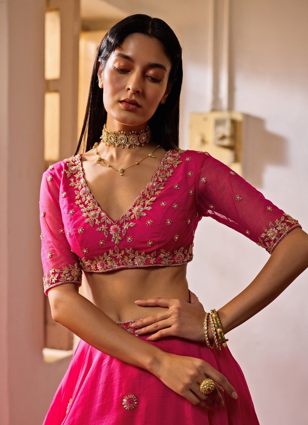 Rani Pink Embroidered Organza Lehenga Set Zoon Tribe - Fabilicious Fashion