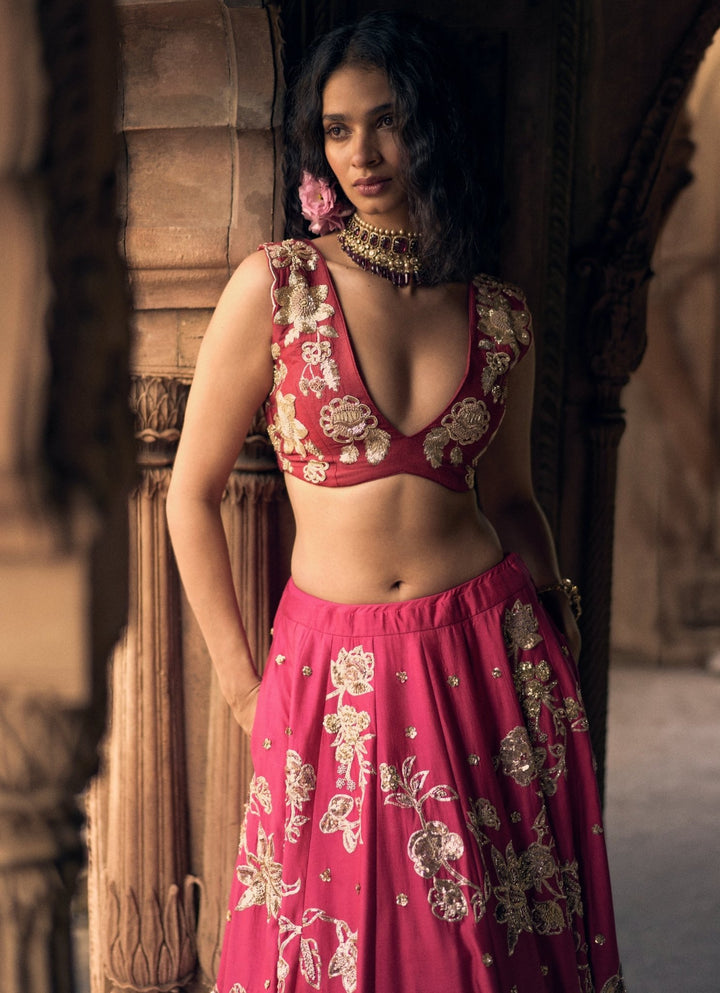 Rani Pink Embroidered Silk Lehenga Set Paulmi and Harsh - Fabilicious Fashion