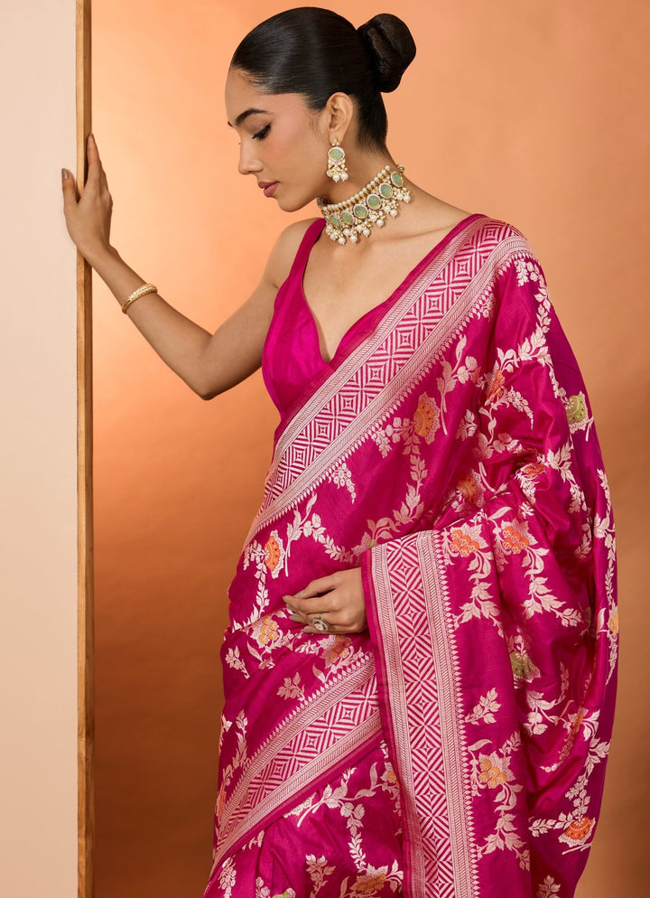 Rani Pink Embroidered Silk Saree Set Neha Khullar - Fabilicious Fashion