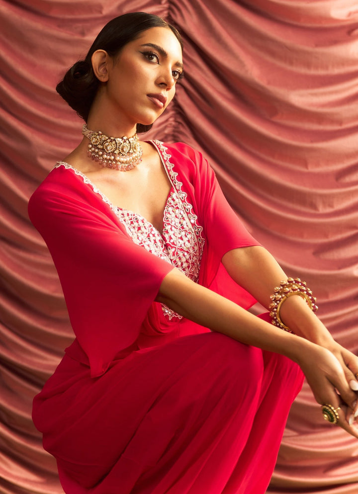 Rani Pink Georgette Embroidered Jumpsuit Seema Thukral - Fabilicious Fashion