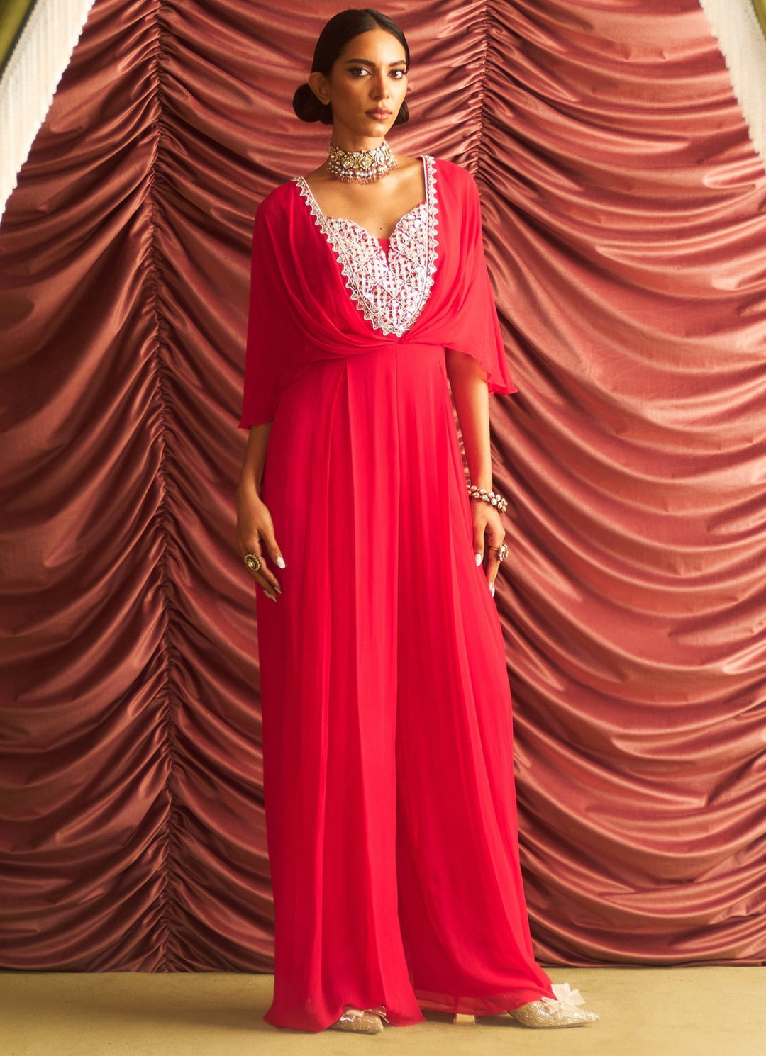 Rani Pink Georgette Embroidered Jumpsuit Seema Thukral - Fabilicious Fashion