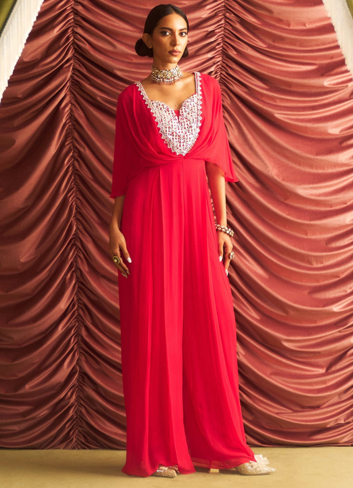 Rani Pink Georgette Embroidered Jumpsuit Seema Thukral - Fabilicious Fashion
