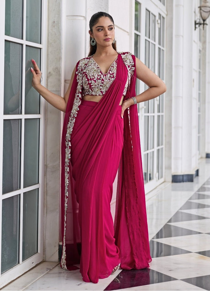 Rani Pink Georgette Pre Draped Saree With Jacket Seema Thukral - Fabilicious Fashion